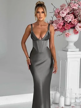 Элегантная вечеринка, свадебные вечерние платья Макси для женщин 2023, Летнее Сексуальное облегающее платье с глубоким V-образным вырезом, женская уличная одежда, Серое атласное платье