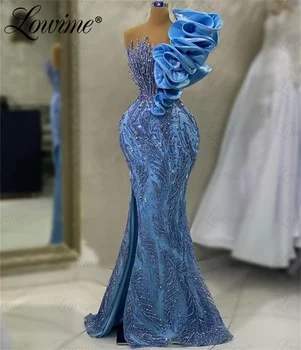 Синие Бусы Платья Для Официальных мероприятий 2023 Арабские Вечерние Платья Vestidos De Fiesta Mermaid One Shpuler С Оборками И Кристаллами Вечернее Платье