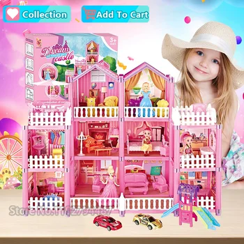 Набор игрушек для кукольного домика для девочек Diy Roombox Princess Doll Play House Dream Castle Вилла с миниатюрными домиками Комплект Детских Подарков на День рождения