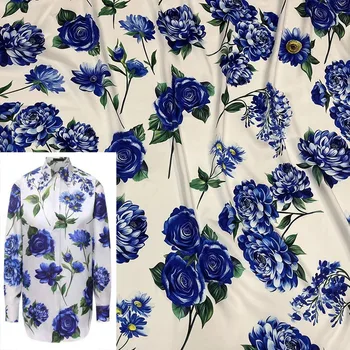 В Европе и Америке Модная саржевая полиэфирная ткань с синим цветочным принтом для женского платья Блузки ручной работы
