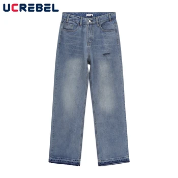 Выстиранные синие свободные джинсовые брюки мужские уличные рваные повседневные брюки с прямыми штанинами Мужские брюки с необработанным краем