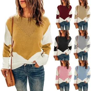 2023 Новый Европейский и американский вязаный топ, женская осенне-зимняя одежда, Новый Свободный свитер с контрастным низом и круглым вырезом, пуловер