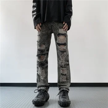 Летние Рваные джинсы тяжелой промышленности, мужские американские бандитские Красивые Повседневные Свободные уличные Прямые штаны для нищих, мужская одежда