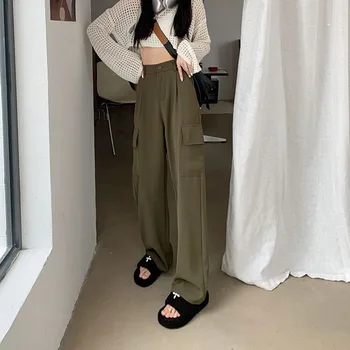 Harajuku, винтажные женские брюки-карго, Y2K, модные, с высокой талией, свободными карманами, повседневные широкие брюки, уличная одежда, прямые брюки