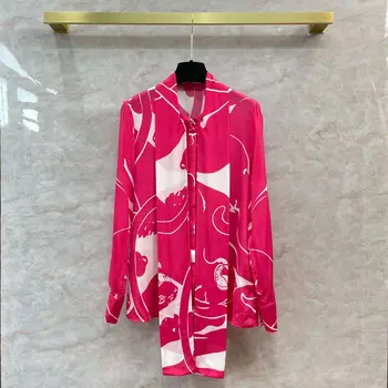 Новая розово-красная рубашка с леопардовым животным принтом, женская повседневная рубашка с бантом-бабочкой на шнуровке, топ-рубашка