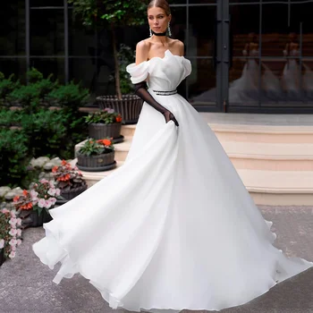 Свадебные платья с белым черным поясом, бусы, Органза, свадебные платья с открытыми плечами, Винтажное свадебное платье в готическом стиле, Vestidos de Noiva