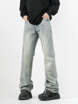 Потертые джинсы YIHANKE в стиле ретро, мужские застиранные свободные брюки с прямыми штанинами, уличная одежда, джинсовые брюки, Мужские мешковатые джинсы.