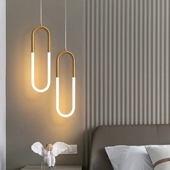 Простой золотой светодиодный подвесной светильник, прикроватная тумбочка для гостиной, Длинная линейная люстра, креативная U-образная трубка, 360-градусная лампа Sigle с двойной головкой