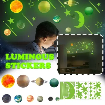Креативное Светящееся Украшение Звезды Луны Планеты Зеленая Флуоресцентная Наклейка Наклейка на стену Романтические Простые Обои Клей для стен