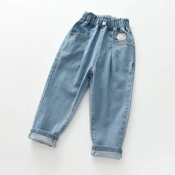 2023 Осень, новые джинсы для девочек с вышитыми мультяшными буквами, хлопковые джинсовые брюки для стирки