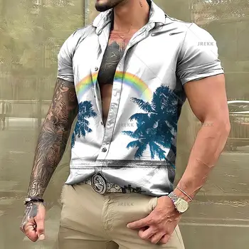 Летняя мужская гавайская рубашка с 3D-принтом кокосовой пальмы, футболка с коротким рукавом, повседневная рубашка для пляжной вечеринки