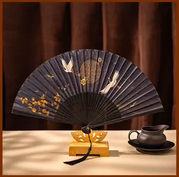 7-дюймовый складной веер в китайском стиле, древний веер с вышивкой кисточкой, древний мужской ручной реквизит Hanfu, танцевальный веер
