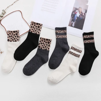 Женские носки с леопардовым рисунком, Весна-осень, Хлопковые смеси с животным принтом, Модные Винтажные носки с контрастным цветом