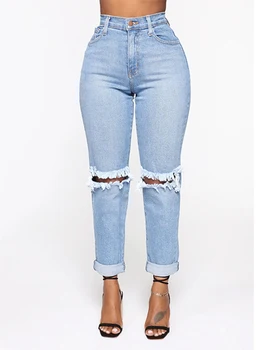 Джинсы с высокой талией, с дырками, модные повседневные женские джинсы-карандаш в стиле хип-хоп, джинсовые рваные джинсы большого размера