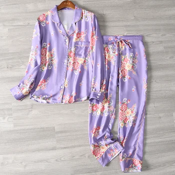 Пижама из 100% шелка тутового дерева, женская пижама с принтом, модный шелковый домашний пижамный комплект из двух частей для женщин