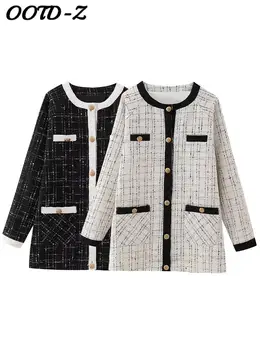 Элегантная женская куртка 2023, осеннее классическое пальто в клетку с однобортным карманом, женское пальто с панелями, подходящая ко всем женским миди-пиджакам