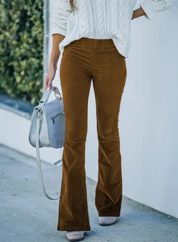 Весенние однотонные вельветовые брюки-клеш, женские модные тонкие брюки с высокой талией, женские элегантные узкие длинные повседневные брюки, уличная одежда