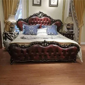 королевская классическая кровать из коровьей кожи, новый дизайнерский набор роскошной мебели для спальни с резьбой по дереву