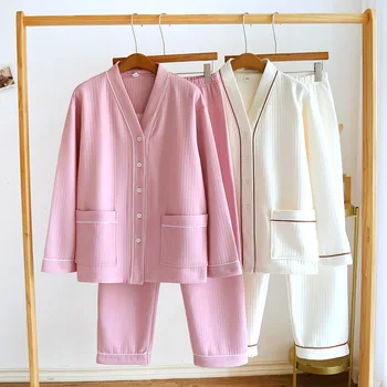 Простая воздушная хлопковая пижама для женщин, осенне-зимняя Свободная верхняя одежда, пижамный костюм, однотонные топы с длинными рукавами + брюки, ночная рубашка из 2 предметов