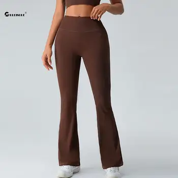 Расклешенные брюки для йоги с резьбой CHRLEISURE, сексуальные спортивные брюки с высокой талией, подтягивающие бедра, Обтягивающие эластичные леггинсы с ощущением обнаженности, спортивная одежда с широкими штанинами