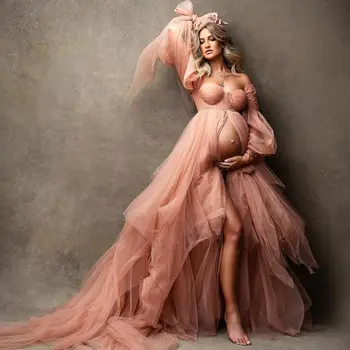 Милые розовые платья для фотосессии для беременных с длинными рукавами, женское многослойное платье для выпускного вечера из тюля, платье Макси для душа ребенка