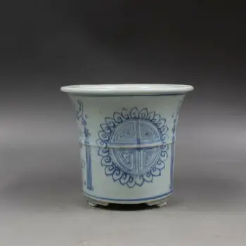 Китайский Цин Цзиндэчжэнь сине-белый фарфоровый горшок с рисунком Богуэ Цветочный горшок 4,8 дюйма