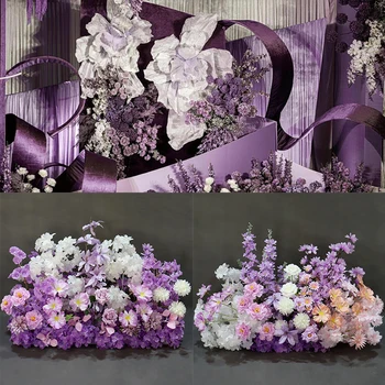 Фиолетовый свадебный фон Напольный цветочный ряд из искусственных цветов Настенная арка, подвесная дорога, напольные цветы, реквизит для вечеринки