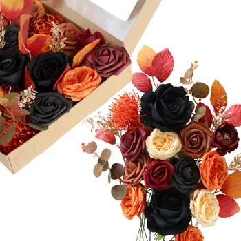 Комбинированный набор искусственных цветов и зелени для Хэллоуина, оранжево-черные розы, украшение для свадебной вечеринки