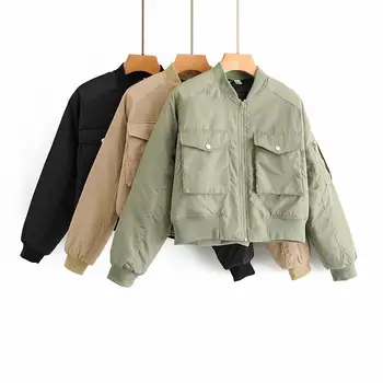 Женские куртки Traf, Пилотная куртка из хлопка, короткое пальто, повседневная одежда, топы уличной моды, винтажные пальто на молнии в стиле Харадзюку, прямая поставка