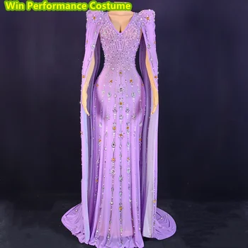 Большая модель шали Фиолетового цвета, ведущая женскую песню, высококачественное маленькое платье с V-образным вырезом, сексуальное сетчатое длинное платье со стразами