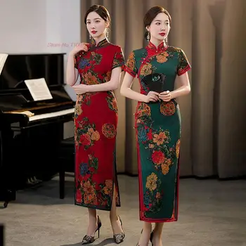 традиционное китайское винтажное платье 2023 года, ретро улучшенное платье чонсам, элегантное винтажное шифоновое платье с национальным цветочным принтом ципао