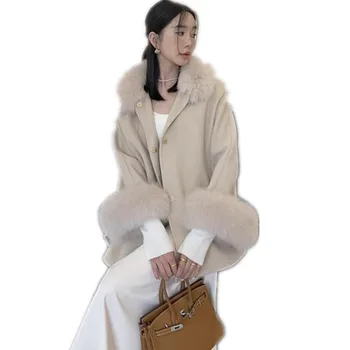Новое женское пальто из 100% натуральной шерсти с манжетами и воротником из натурального меха лисы, шаль со свитером, накидка, женская зимняя куртка