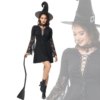 Ведьма для косплея на Хэллоуин, взрослый Черный кружевной костюм ведьмы с вырезом