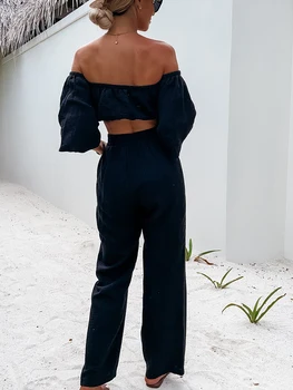 Женский элегантный укороченный топ с 3D цветочными рюшами, коротким рукавом с открытыми плечами и прямыми брюками - модный наряд для