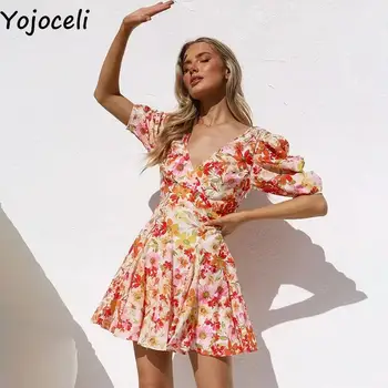 Yojoceli Летнее женское короткое платье с цветочным принтом И рюшами, элегантное пляжное повседневное платье с сексуальным v-образным вырезом, винтажное платье для катания на коньках, vestidos