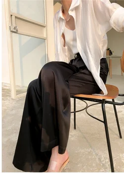 Лето 2023, Новые шелковые атласные женские брюки с высокой талией, Повседневные Черные Корейские модные широкие брюки для женщин, брюки Оверсайз