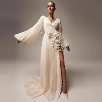 Высококачественные платья для выпускного вечера в складку, элегантное Европейское Белоснежное платье Макси с 3D цветочным рисунком abiye, свадебное платье с глубоким V-образным вырезом и расклешенными рукавами