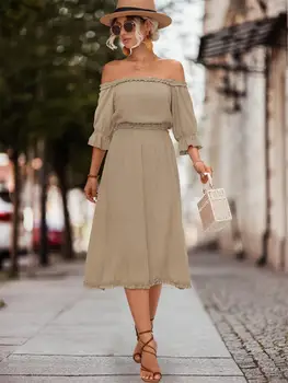 Missuoo/ 2023 Летнее женское модное повседневное платье с открытыми плечами, короткий рукав, платья миди трапециевидной формы для женщин, выходящих в отпуск