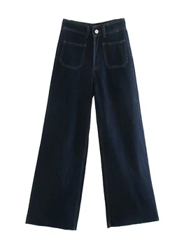 Женские джинсовые брюки 2023, элегантные офисные женские однотонные украшения с карманами, длинные широкие брюки для поездок на работу, официальный магазин traf