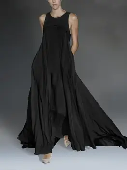 Женское повседневное платье Yeezzi с круглым вырезом, черное Белое длинное платье, Летнее платье без рукавов, Свободные простые платья для выхода в свет, новинка 2023 года