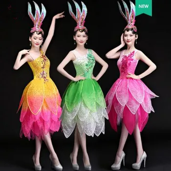 женское китайское национальное танцевальное платье с цветочным рисунком, яркое танцевальное платье для фестиваля танцев, одежда для новогоднего представления.