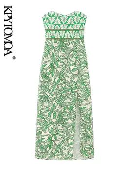 KPYTOMOA, женское модное платье Миди с разрезом спереди, сексуальное платье без бретелек, эластичные женские платья Vestidos Mujer