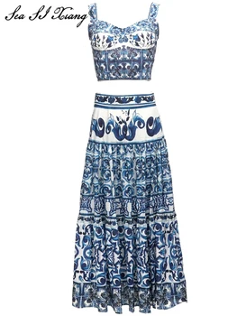 Модный дизайнерский летний костюм Seasixiang, женский камзол с открытой спиной, короткий топ + длинная юбка, синий комплект из двух предметов с принтом для отпуска