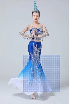 Китайское платье для танцев Дай, юбка из рыбьего хвоста с павлином и пайетками Water Spirit
