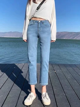 Новые женские светло-голубые джинсы с прямыми штанинами, высокая талия, длина до щиколоток, идеально подходящие для миниатюрных фигурок, pantalon vintage mujer 2023