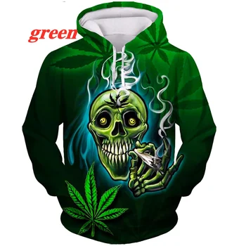 Мужская и женская толстовка Weeds с 3D принтом, толстовка с зелеными листьями, модный пуловер в стиле Харадзюку с принтом черепа для курения
