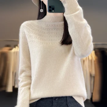 Женская Осенне-зимняя новинка, Длинный рукав, Половина высокой шеи, выдалбливают, Модный Корейский 100 Кашемировый шерстяной вязаный пуловер, базовый свитер