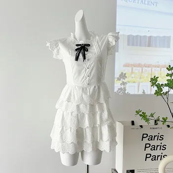 2023 Шифоновая юбка с белым бантом и длинным рукавом для сладкого торта, летнее новое модное платье с круглым вырезом на день рождения, женское облегающее платье для праздника