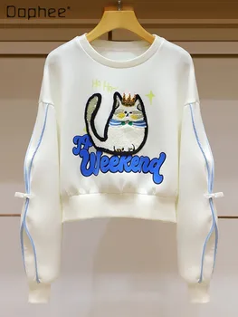 Kawaii Sweet Cartoon Cat Флисовая подкладка, толстовки с кружевными рукавами и пайетками, белая короткая толстовка с круглым вырезом и бантом на флисовой подкладке