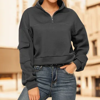 Толстовки с вырезом наполовину на молнии и карманом Y2K, однотонная уличная одежда для Хай-Стрит, повседневный пуловер с длинными рукавами Moletom Femininos